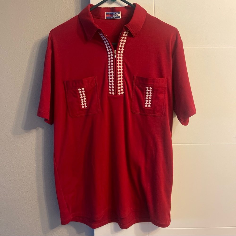 Vintage Red Polo Shirt with Checkered Detail